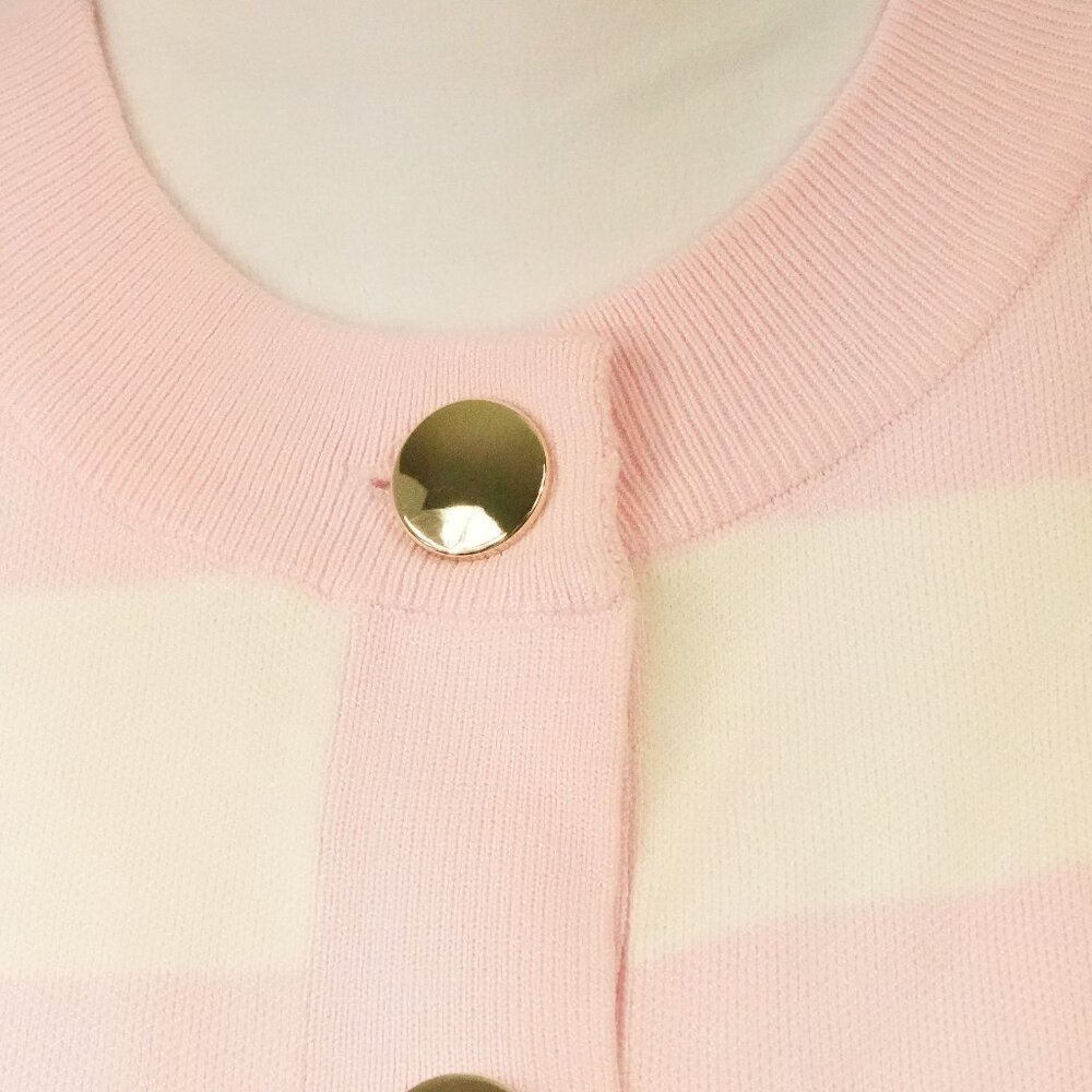 Sweater Cardigan with Gold Buttons Womens Medium Pink White Stripes Crew Neck - Picture 3 of 4